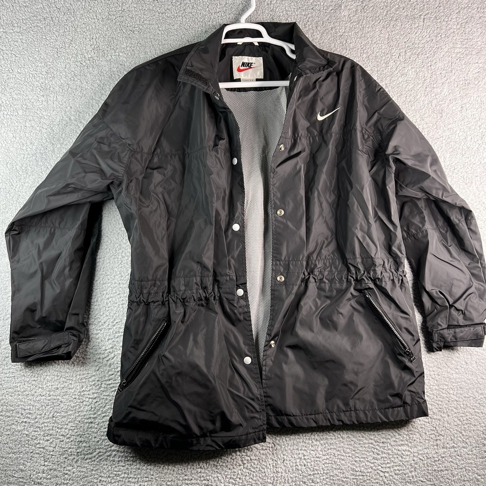 VTG 90s Nike Jacket Cinch Waist Windbreaker Snap Front size XL 16-18 Women Black